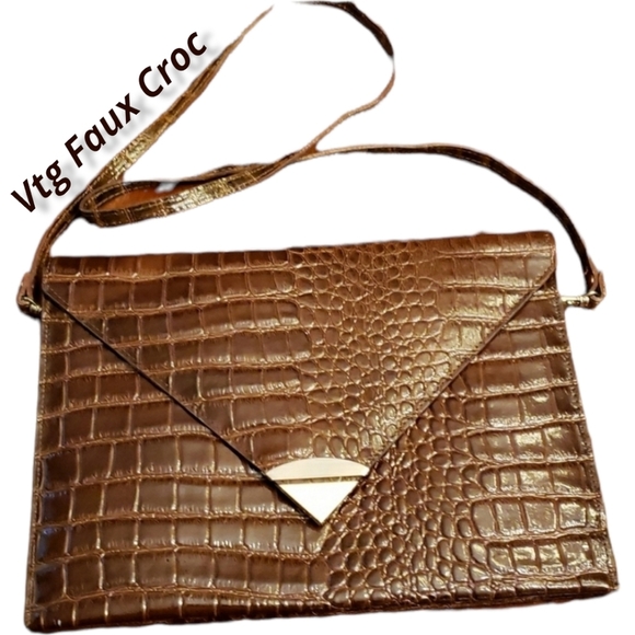 Vintage Handbags - Vintage Envelope Shoulder Clutch Bag Faux Leather Croc Embossed Brown VGUC